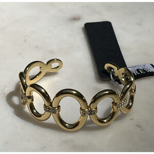 J Crew Oval Link Cuff Bracelet with Rhinestones in Gold Tone One Size Slip On